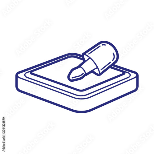 A simple blue outline of a square ink pad with a rubber stamp resting on isolated on a white background, for office stationery use