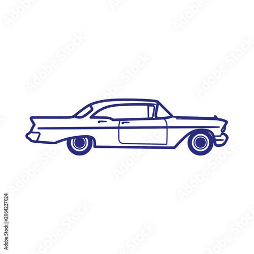 Blue line of a vintage classic car, side view, isolated on a white background, minimalist symbol for transportation