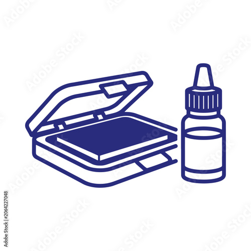 Blue line of an ink pad and a bottle of ink, isolated on a white background, minimalist symbol for stamping