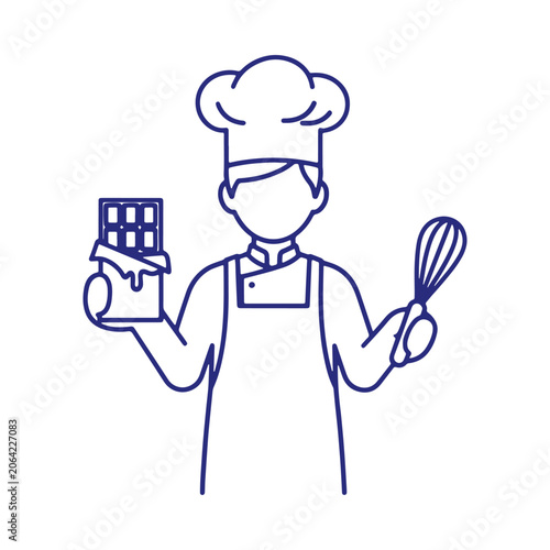 Blue outline of a chef wearing a hat and apron, holding a chocolate bar and a whisk, isolated on a white background, for culinary themes
