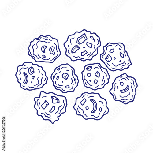 Group of chocolate chip cookies, simple blue outline of round baked snacks, isolated on a white background