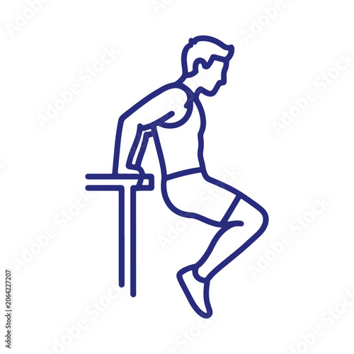 Linear of a person performing tricep dips on a bench or parallel bars, blue outline representing fitness and workout exercises