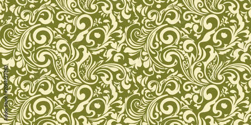 Close-up view of a decorative green and white floral pattern on a fabric