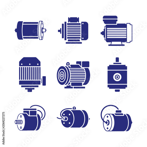 Set of nine blue outline representing various electric motors and industrial machinery components, isolated on a white background