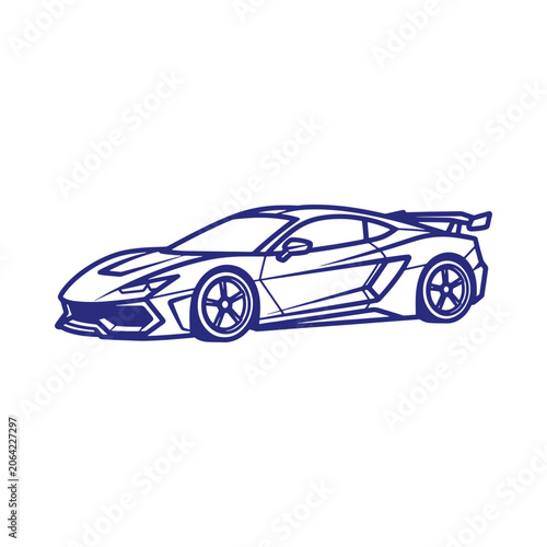 Side profile view of a sleek sports car, simple blue outline of a luxury vehicle, isolated on a white background