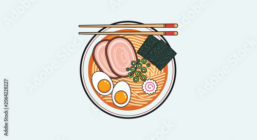Illustrated bowl of ramen with chopsticks overhead on a neutral background