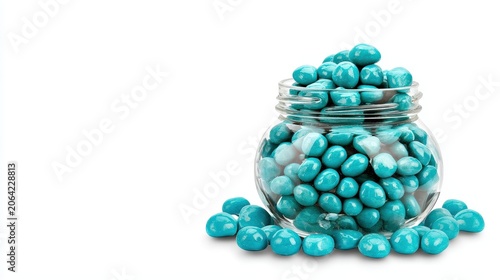 Bright Turquoise Candy Coated Treats in Glass Jar on White Background