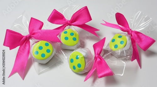 Colorful Party Treats with Pink Ribbons and Polka Dot Designs