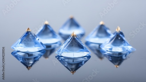 Stunning Blue Crystal Pyramids with Reflective Surface and Gold Tips