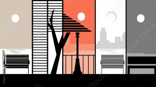 Minimalist Urban Landscape with Benches and Artistic Structures