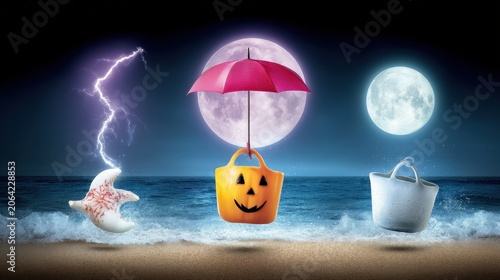 Surreal Autumn Night Scene with Moon, Shell, and Halloween Elements