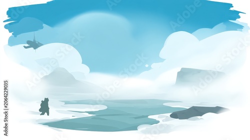 Serene Arctic Landscape with Mist and Soft Blue Sky