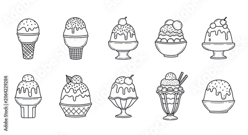 Bild auf Leinwand Various ice cream treats and frozen dessert line icons