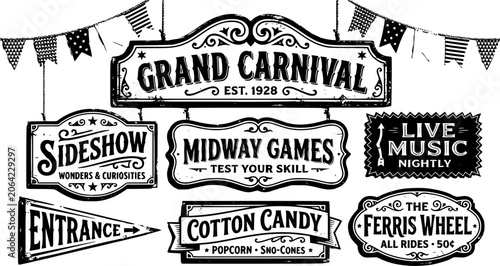 carnival sign featuring bold typography and retro design elements. The geometric shape and festive flags evoke a nostalgic fairground atmosphere, perfect for vintage themed events