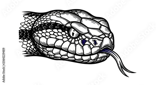 Obraz na plátne Menacing viper head with flicking tongue in black line art