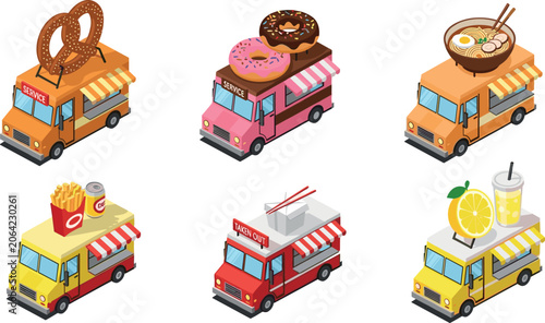 Isometric Food Truck Vector Icon Set with Mobile Fast Food Vans Serving Pretzel, Donuts, Ramen, French Fries, and Lemonade Beverages