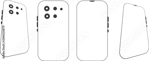 Minimalist smartphone line art vector, mobile phone wireframe set with front and back views, modern cell phone outline icons for UI design