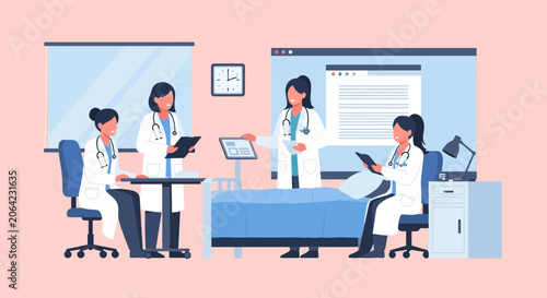 Female doctors mentoring young colleagues in a modern hospital setting