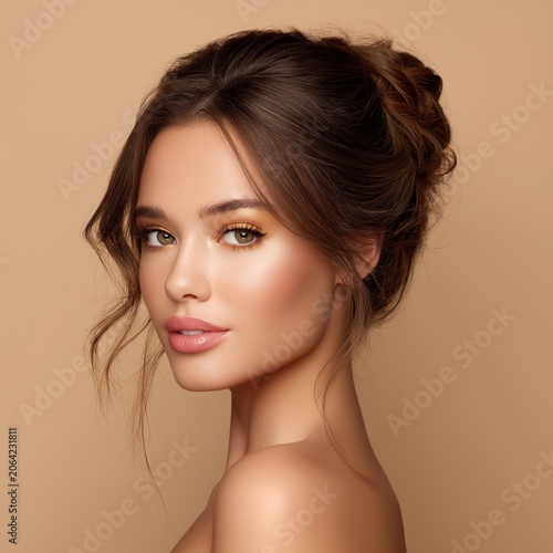 Elegant beauty portrait of woman with sophisticated updo hairstyle.