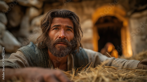 Gideon secretly threshing wheat inside winepress, anxious expression as soft divine light enters dusty interior doorway