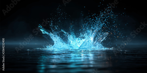 Fotografie Water splash in night city on dark background with glowing blue reflections and