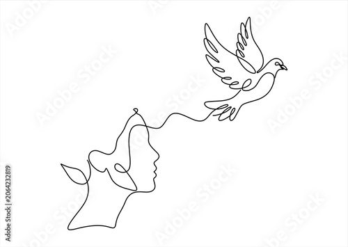 Continuous one line drawing of woman profile face and flying bird dove symbol of peace freedom. Editable stroke. Draw thin linear width. Single contour art. Doodle hand drawn vector illustration
