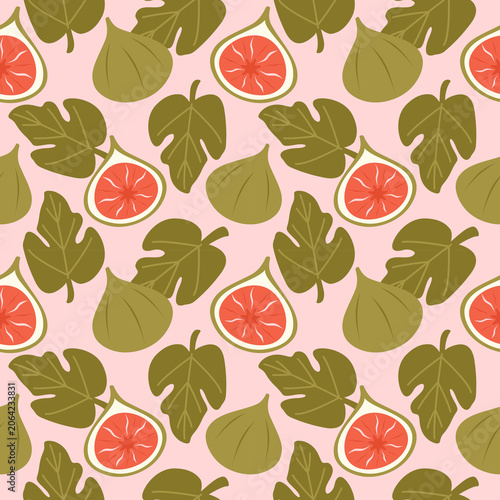 cute hand drawn trendy seamless repeat vector pattern illustration with green figs and leaves on pink background