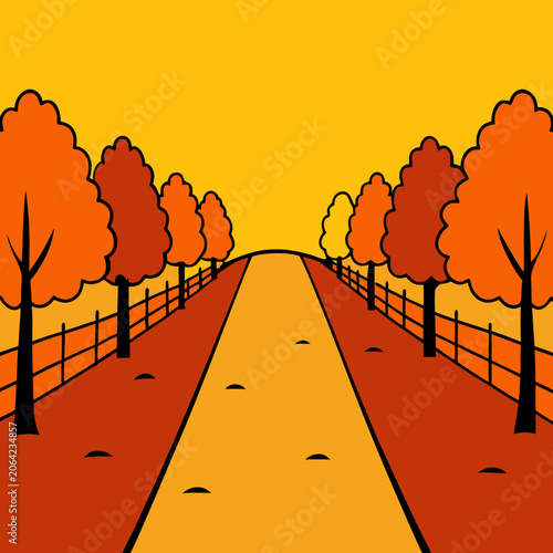 Autumn Tree-Lined Road at Sunset with Silhouettes and Warm Glow
