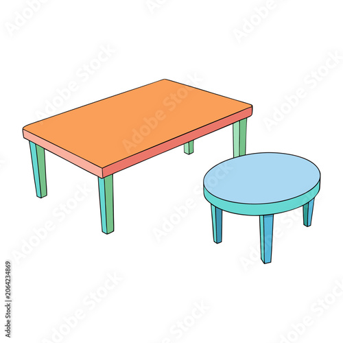 Colorful Children's Table and Stool Set Isolated on White Background Minimalist Design