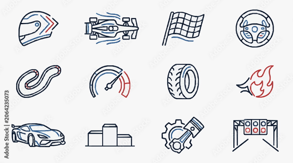 Naklejka premium Modern Icons of High Performance Motorsport and Racing Technology Essentials with high professional line art symbols for modern creative design and digital branding projects