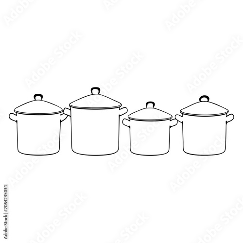 Three Empty Stainless Steel Cooking Pots with Lids Line Drawing Illustration