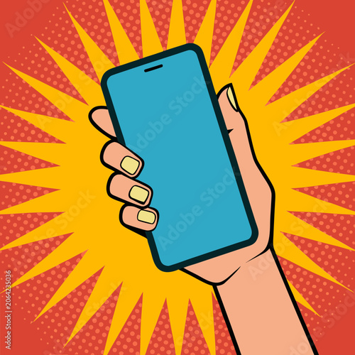 Hand holding smartphone with bright sunburst background in vibrant digital style