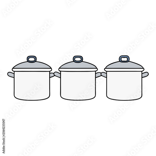 Three Stainless Steel Cooking Pots with Lids on White Background Minimalist Kitchenware