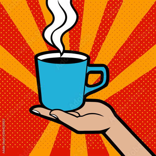 Hand Holding Steaming Coffee Cup with Rising Smoke Against Sunburst Background