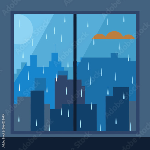 Rainy cityscape with colorful hot air balloon flying over skyscrapers at dusk