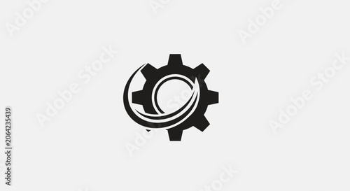 Industrial gear emblem intersected by thick curved swoosh.