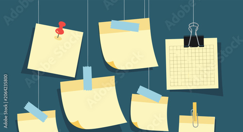 Creative collection of yellow sticky notes hanging on strings using pins, tape, and clips for organizing diverse ideas and tasks.