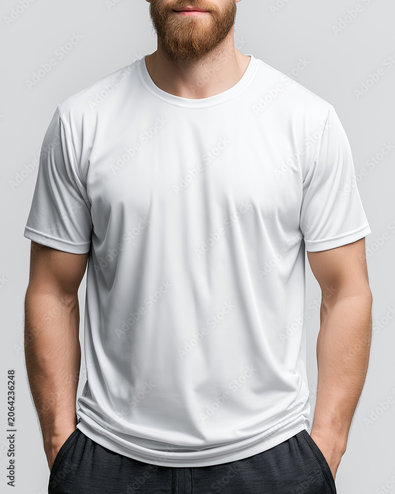 Obraz premium A man with a beard stands with hands in pockets, wearing a plain white t-shirt and dark pants, against a plain background.