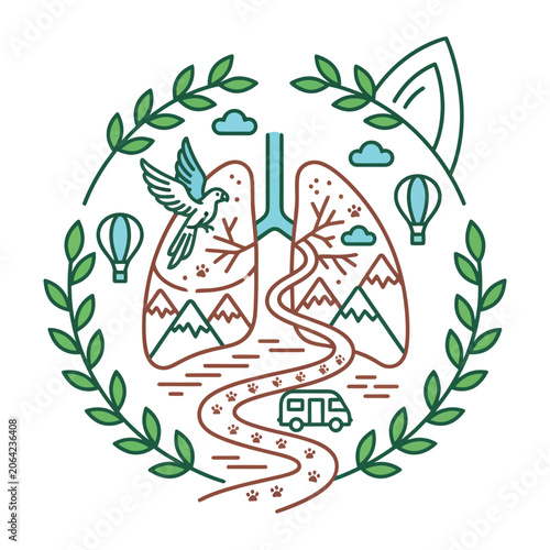 Lungs with landscape and journey elements illustration