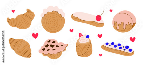 Valokuva Set of cute hand drawn flat buttery croissants, eclairs and cruffin isolated on white background