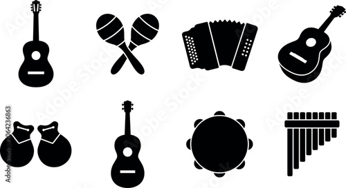 Canvastavla Traditional Latin and Mexican folk musical instruments solid black vector icon set in image_e15ae6