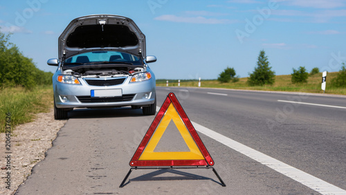 Fotografía Broken Down Car on a Country Roadside with Warning Triangle