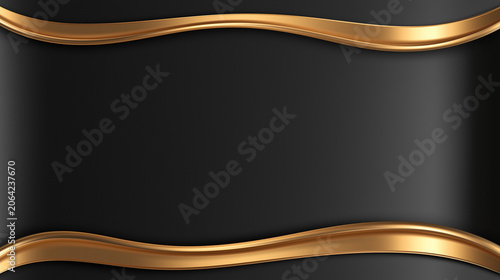 Elegant abstract composition featuring two graceful, flowing golden wavy lines that beautifully frame a central dark grey textured space on a sophisticated black background.