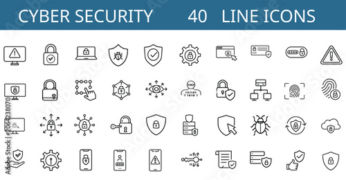 Schilderij op canvas Cyber security system protection data guard web line icons set laptop antivirus