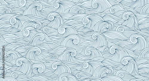 Highly detailed seamless ocean wave pattern in a traditional hand-drawn blue ink style for backgrounds and decorative textile prints.