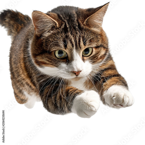 PNG of A curious tabby cat leaping gracefully through the air, showcasing its playful spirit.