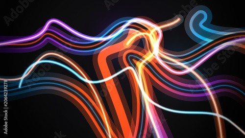Abstract neon light trails flowing on a dark black background representing energy and digital connection