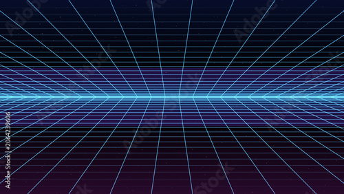 Abstract retro synthwave background with glowing neon perspective grid vanishing into digital infinite space