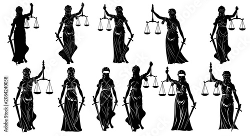 Obraz na płótnie Lady justice silhouettes holding scales and sword in various poses