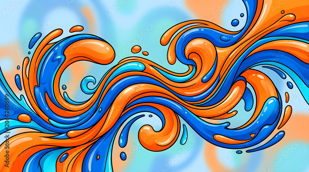 Fototapeta premium Abstract fluid background with flowing orange and blue liquid waves, dynamic splashes and swirls, vibrant colorful liquid motion design for creative projects, posters, and digital art